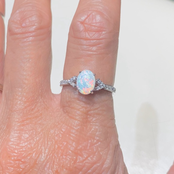Sterling Silver Solitaire White Lab Opal Ring with CZ, Engagement Rings - Picture 4 of 8